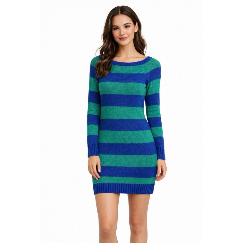 NWT Vintage Y2K Tommy Girl Knit Green & Blue Wide Stripe Sweater Dress